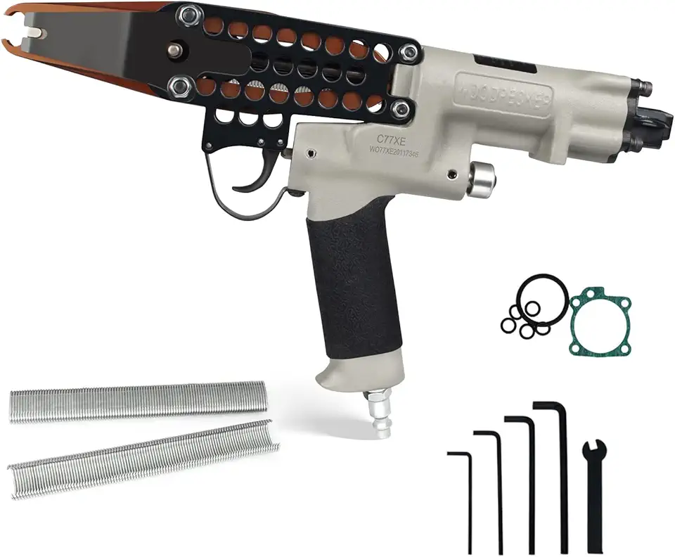 WOODPECKER C-77XE Air Hog Ring Gun with Extra Long Extended Nose, 15 Gauge, 3/4'' Crown, 8.0mm Closure Diameter, Pneumatic Hog Ring Plier Automatic C Ring Tool for Wire Cages, Car Seat