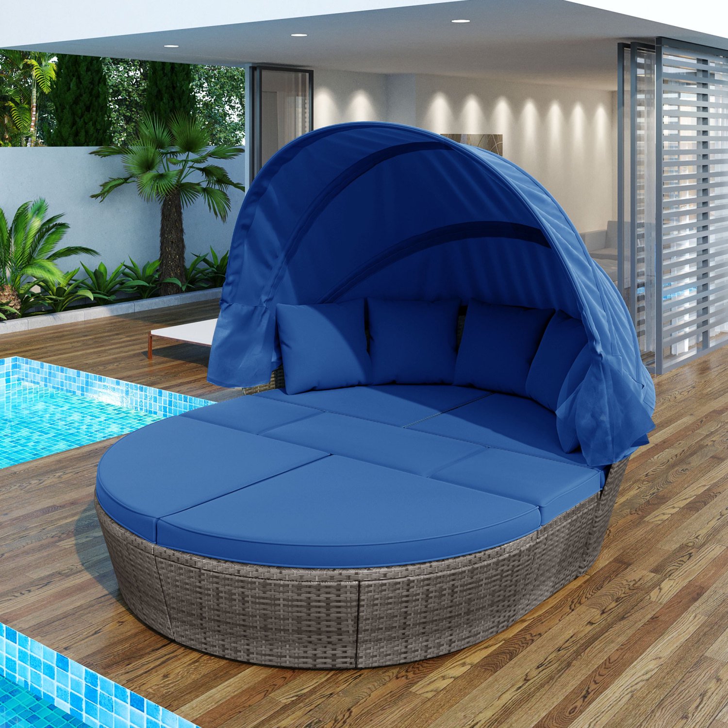 Outdoor Gray Wicker Retractable Canopy Daybed Sunbed - Round Sectional Sofa Set with Washable Cushions - Blue Clamshell Seating - GO Outdoor Furniture for Backyard or Porch