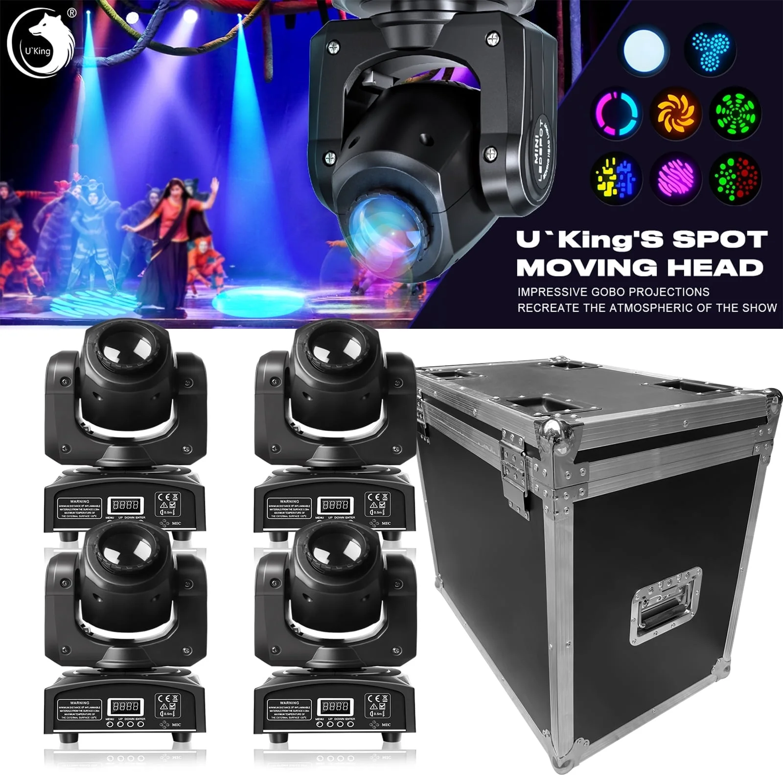 JAJALUYA Moving Head Light 120W 8 Pattern 8 colors RGBW LED with Flightcase Black Strobe Stage Light with DMX for DJ Party Disco,4 pack