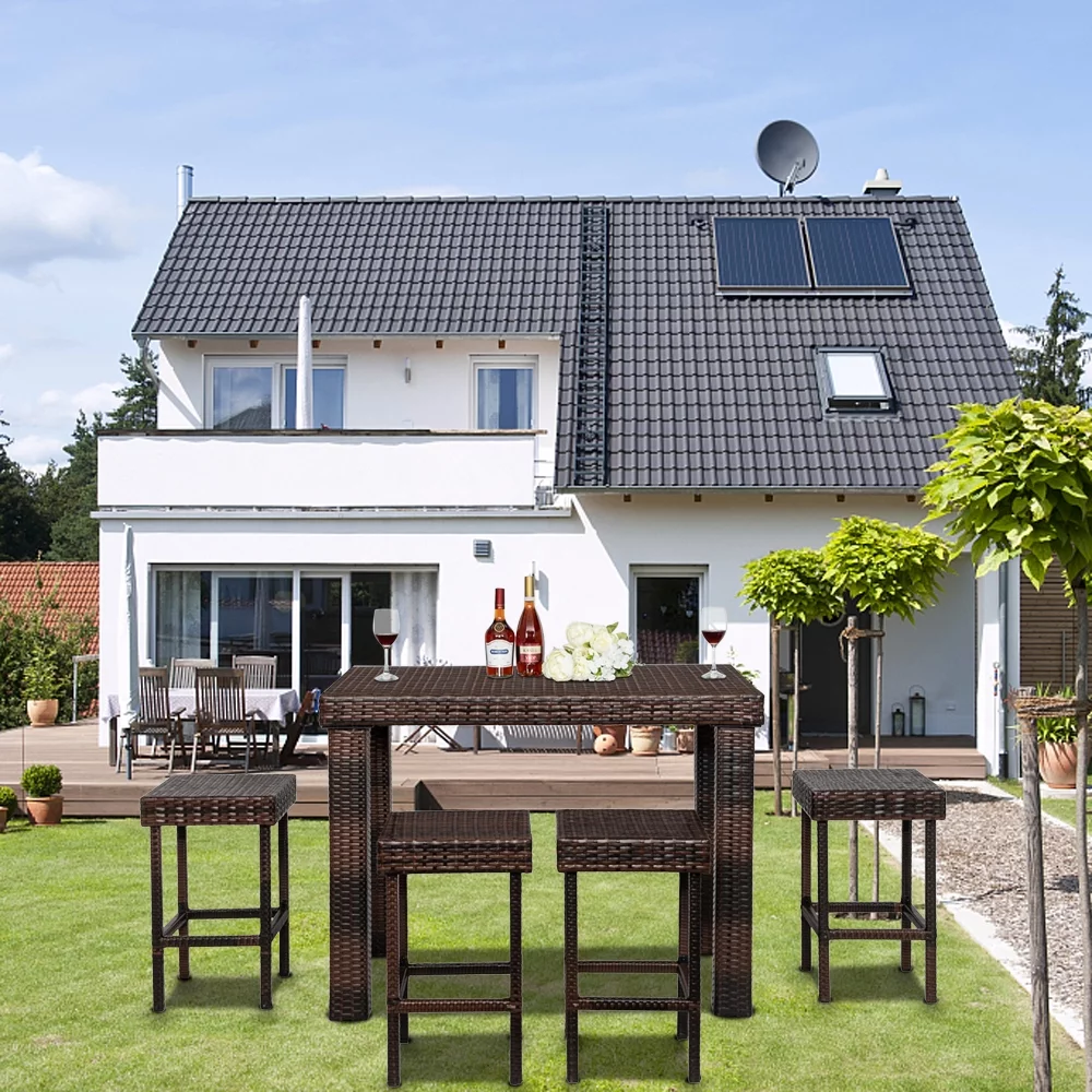 Outdoor Bar Set of 5, Patio Rattan Bar Dining Set with Table and Bar Stools, Counter Height Table Set with Chairs, Patio Wicker Furniture Conversation Set for Garden, Balcony, Pool