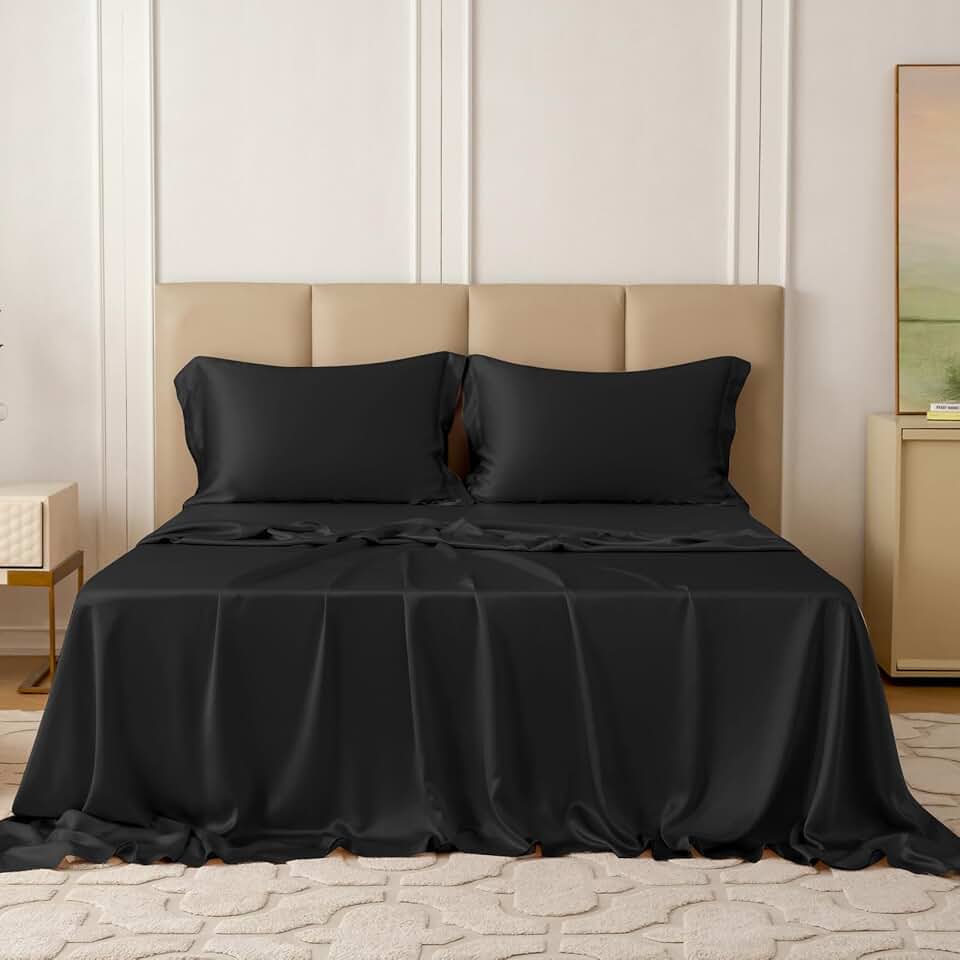 THXSILK Silk 22 Momme Black Sheet Set 4 Pcs Pure Mulberry Silk Bed Sheets, Luxury Bedding Sets Ultra Soft Durable Breathable, 1 Flat Sheet, 1 Fitted Sheet and 2 Pillow Shams, King Size