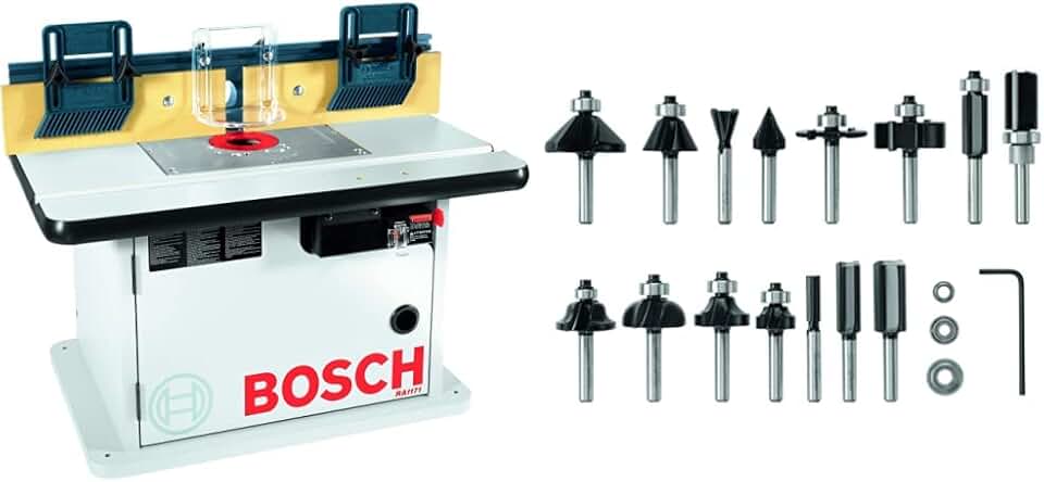BOSCH Cabinet Style Router Table RA1171, Blue&BOSCH 15 pc. Carbide-Tipped Wood Router Bit Set