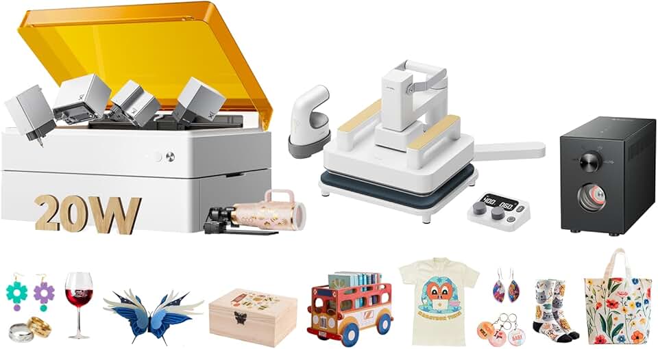 xTool M1 Ultra 20W ThermoMaster - with Heat Press Kit, Inkjet Module, Air-Compress Assist, Riser Base and Rotary Tool, 4-in-1 Craft Machine, Smart Press & Mini Iron Press with Platform & Control Pod