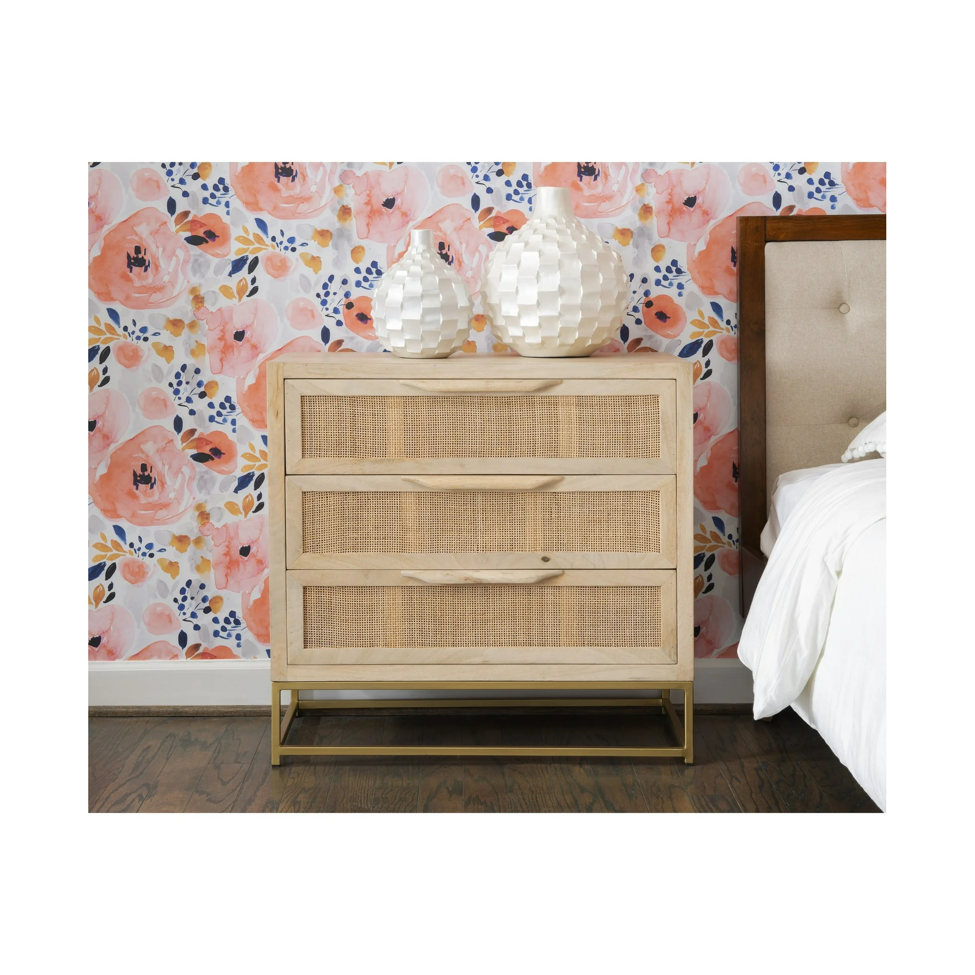 Janie 3-Drawer Rattan Cabinet, Natural and Gold