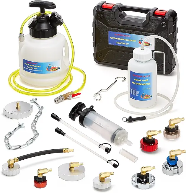 Slippery Pete - Pressure Brake Fluid Bleeder Kit - Pressure Tank with Gauge, Relief Valve, Industrial Hose, Control Valve, 9 Metal Master Cylinder Reservoir Adapters, Receiver Bottle, Extractor Pump