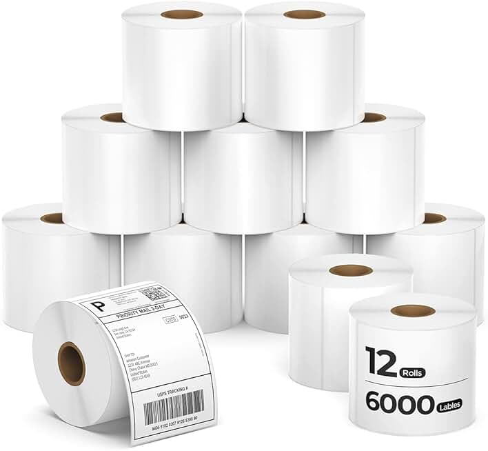 MUNBYN 4x6 Inch Direct Thermal Labels, 6000 Labels/12 Rolls(500 Pcs per Roll), Shipping Label Paper for Thermal Printers, Permanent Adhesive Mailing Postage Labels for Shipping Packages