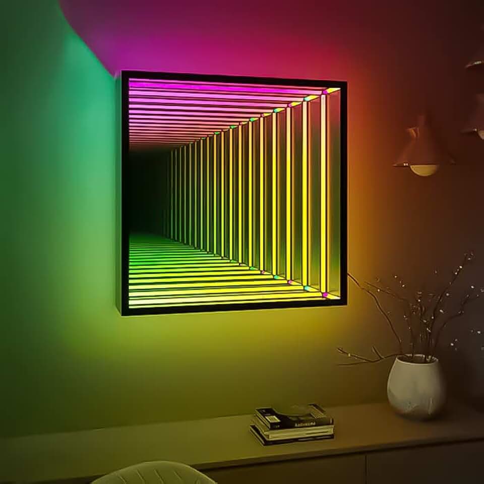 Infinity Square Mirror - LED Wall Lamp, Geometric RGB Colour Changing Wall Decor, Endless Magical Lighting, Holographic Portal (Medium (19.7