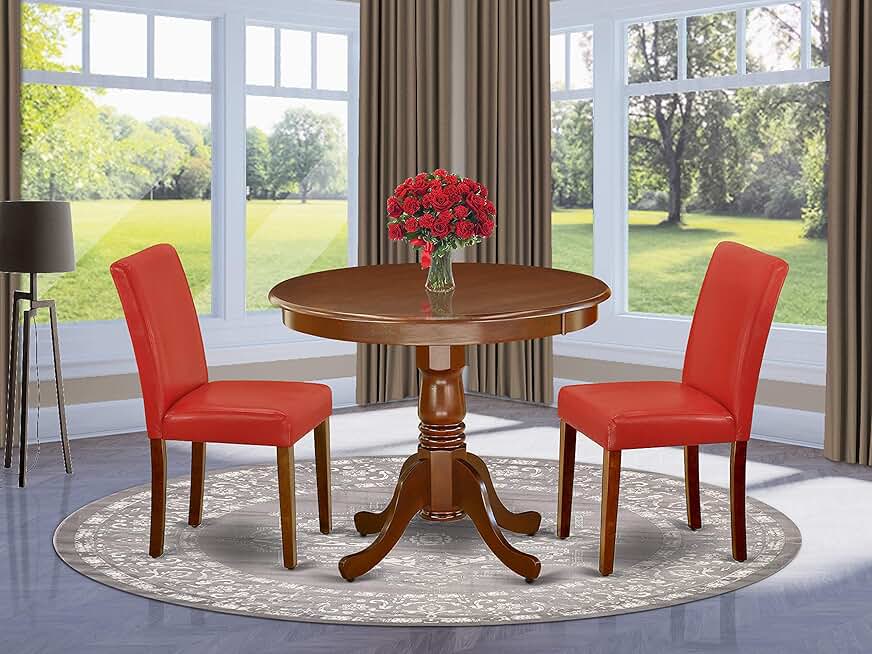 East West Furniture ANAB3-MAH-72 3 Piece Dinette Set for Small Spaces Contains a Round Kitchen Table with Pedestal and 2 Firebrick Red Faux Leather Parsons Chairs, 36x36 Inch
