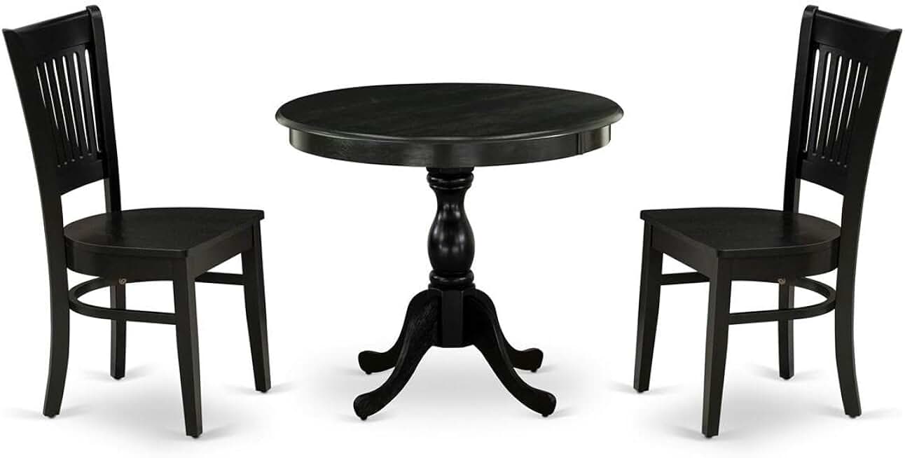East West Furniture AMVA3-BLK-W 3 Piece Dining Table Set for Small Spaces Contains a Round Kitchen Table with Pedestal and 2 Dining Chairs, 36x36 Inch, Black