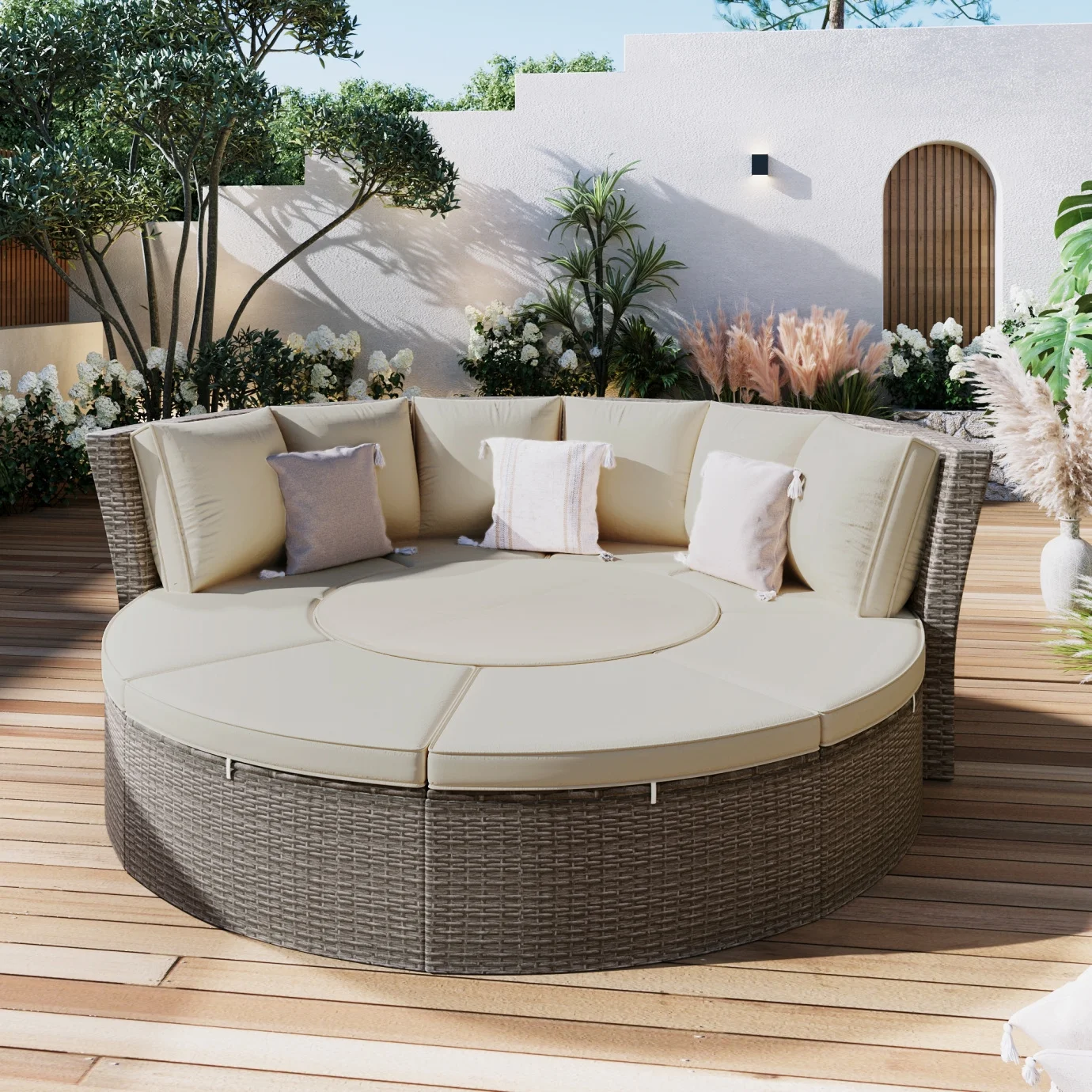 Patio 5-Piece Round Rattan Sectional Sofa Set,All-Weather PE Wicker Sunbed Daybed with Round Liftable Table and Washable Cushions,Sunbed for Outdoor Backyard Poolside,Gray