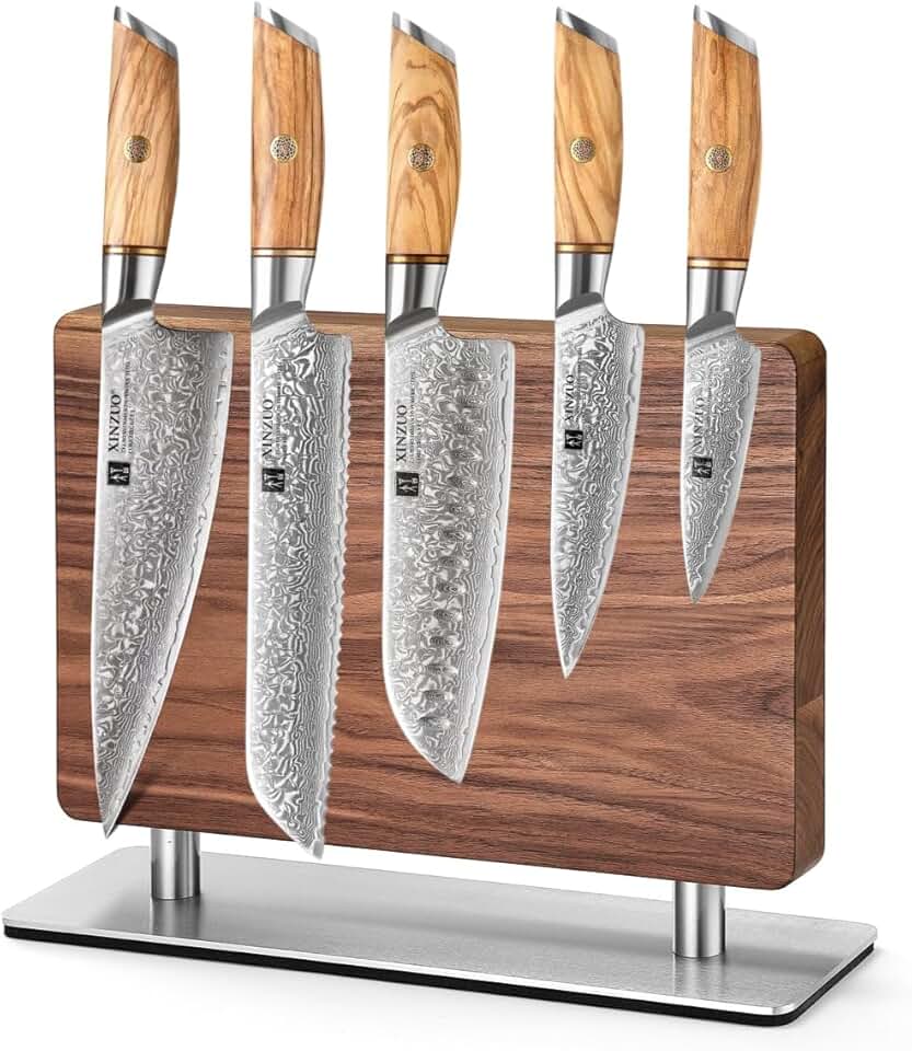 XINZUO 73 Layers Hand Forged Damascus Kitchen Knife Set-5Pcs Professional Chef Knife Set,Magnetic Knife Block,Natural Walnut Knife Holder Stand for Counter Top,with Strong Magnets