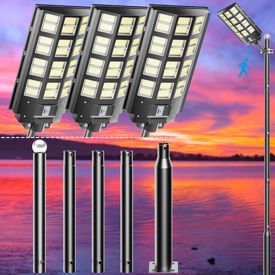 3-Pack Solar Parking Lot Light,1-Pack 16Ft Street Light Pole,4800W Solar Street Light 360000LM Dusk to Dawn, IP67 Waterproof Solar Wide Angle Lamp with Motion Sensor for Yard, Road