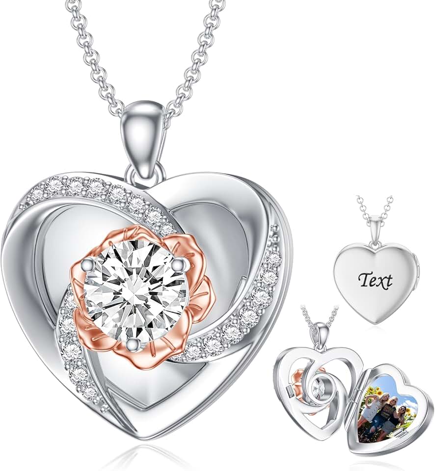 SOULMEET Personalized 10k 14k 18k White Gold 1 ct Moissanite/Diamond Locket That Holds Picture Diamond Photo Heart Locket Necklace Gift for Beloved Ones with Gold Chain