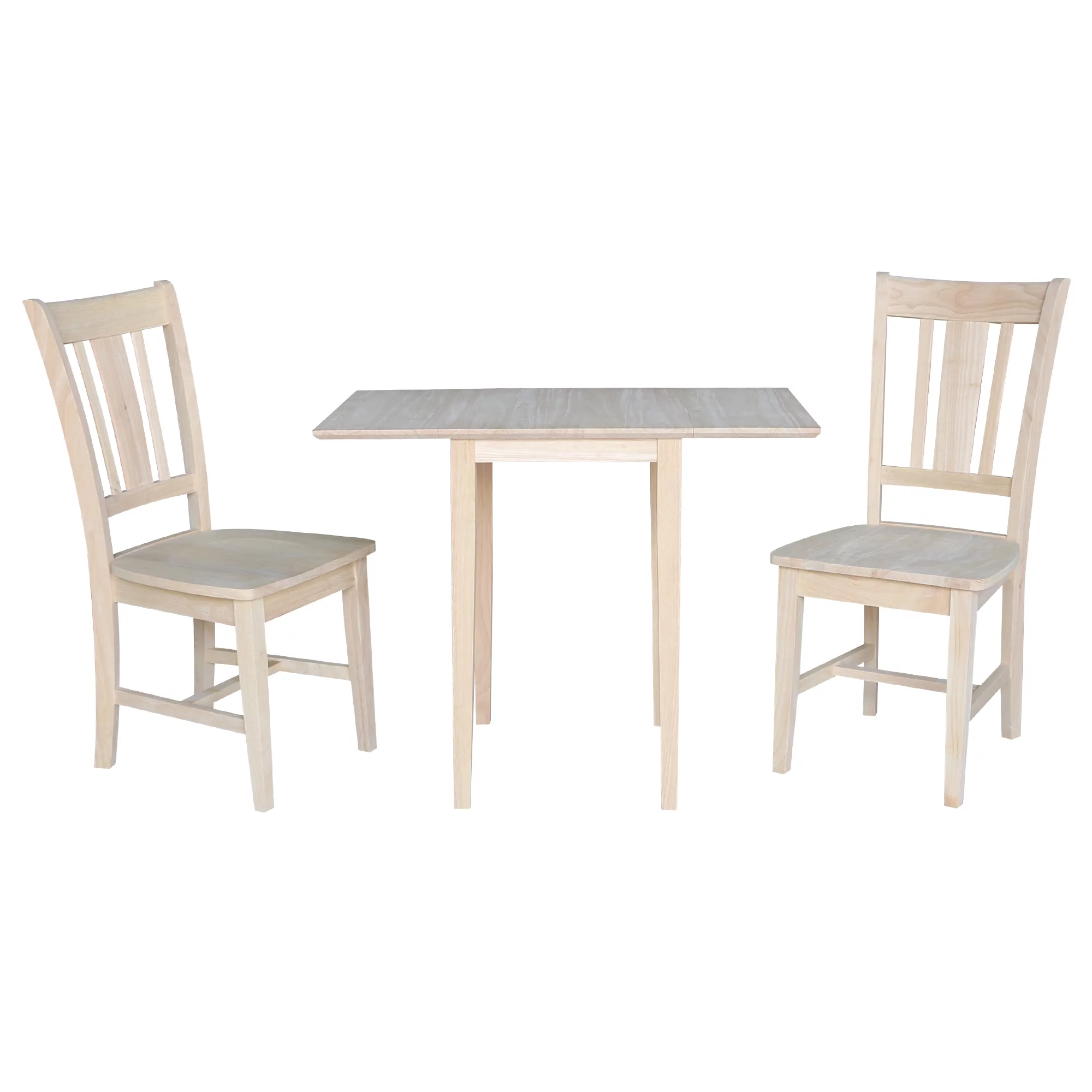 International Concepts Small Drop Leaf Dining Table with 2 Splat Back Chairs - 3 Piece Dining Set - Unfinished