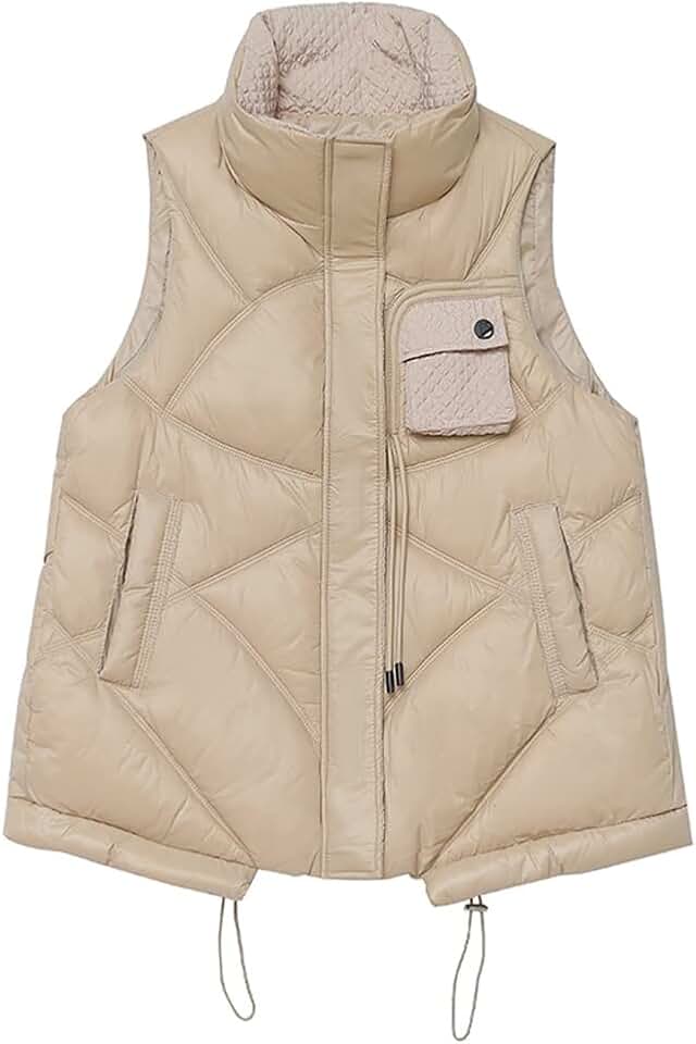 DFHBFG Down Cotton Vest Female Short Sections of The Autumn and Winter with A Hundred Shoulders Undershirt Loose Horse Clip Fashion Jacket(Beige,Large)