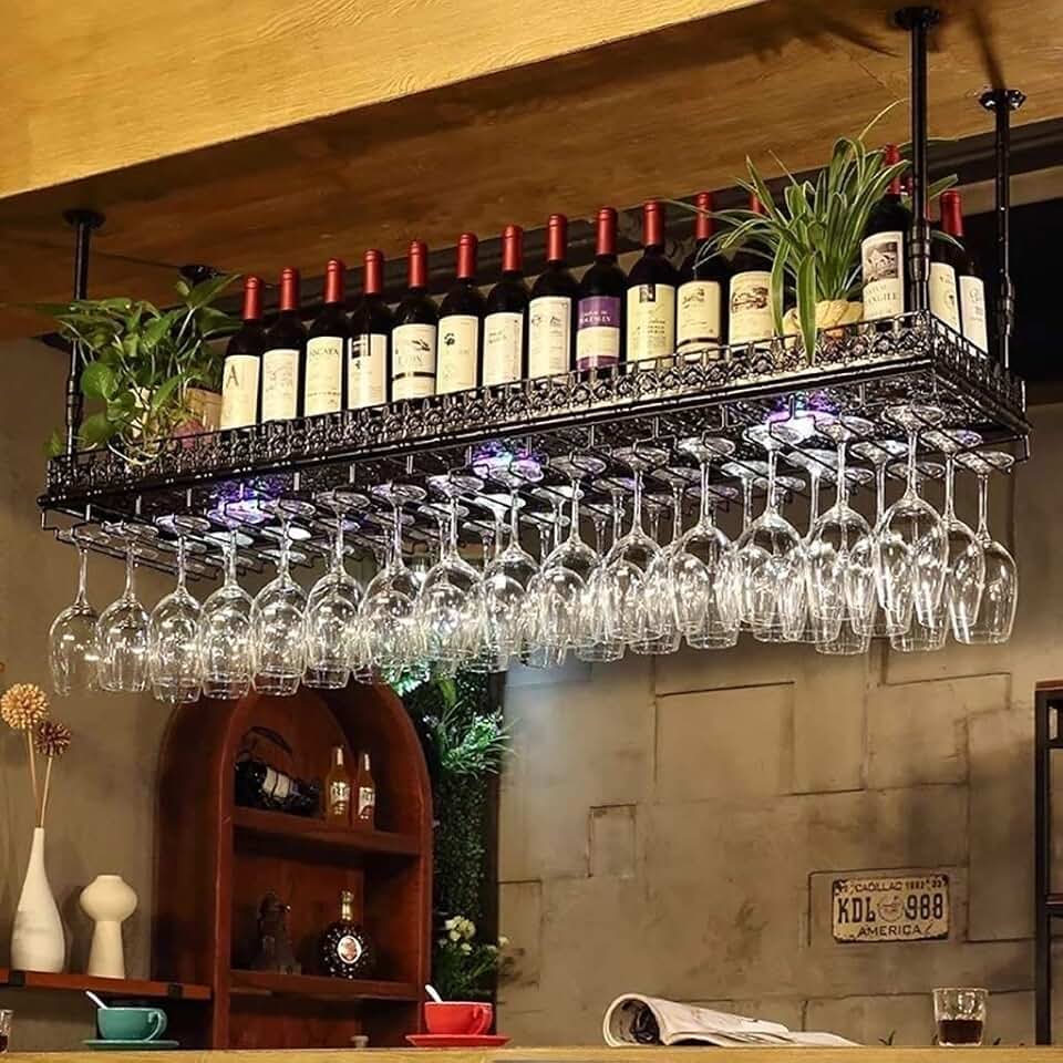 Ceiling Iron Wine Rack, Adjustable Height, Ceiling Mounted Hanging Wine Bottle Holder, Upside Down Champagne Glass Rack, Stemware Goblet Rack, Bar Home Decor