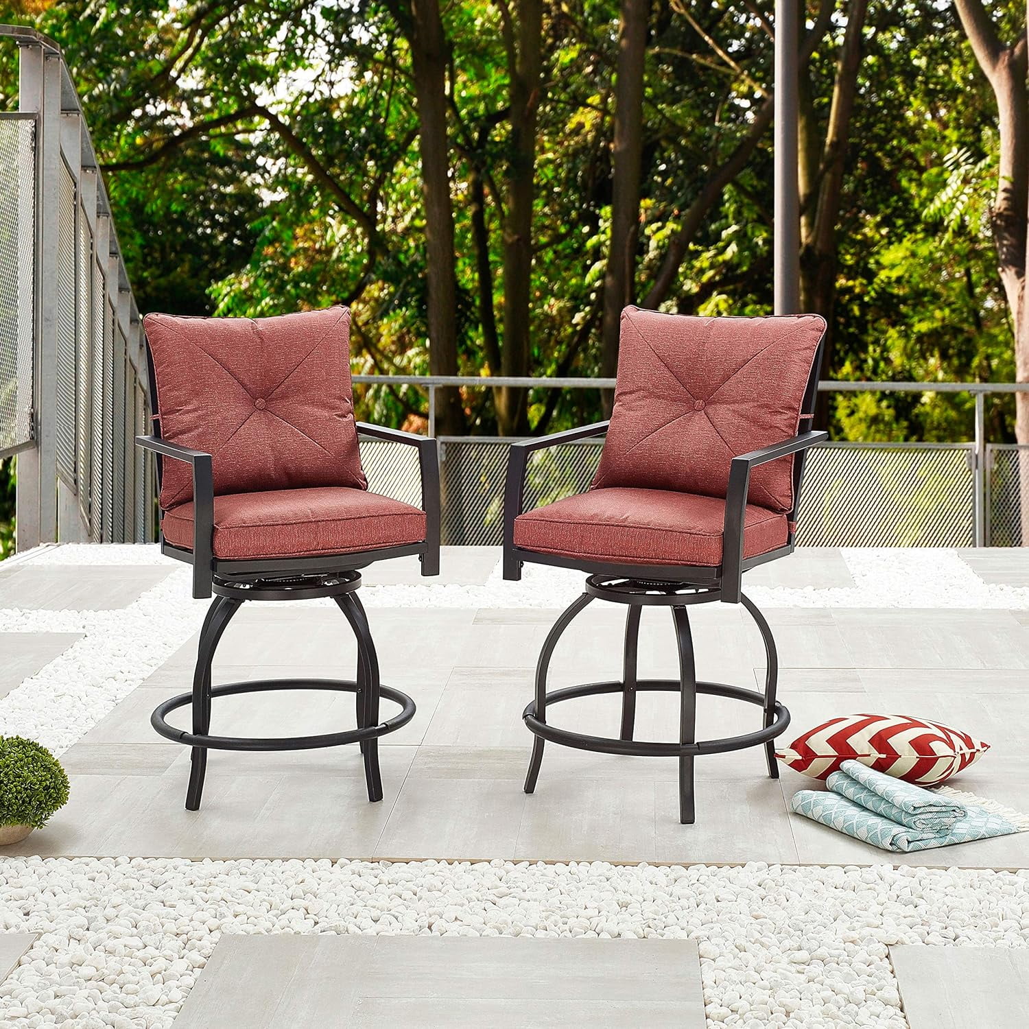 Patio Set Swivel Chairs Bistro Height with Arms Outdoor Dining All Weather Bar Stools with Cushion (Set of 2), Red