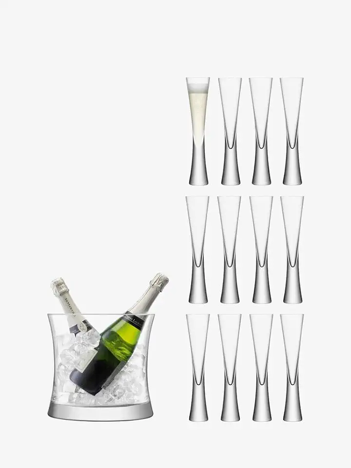 LSA International Moya Grand Champagne Serving Dual Ice Bucket and Flutes 6 oz, Set of 13, Luxury Elegant Curved Mouth Blown Glassware