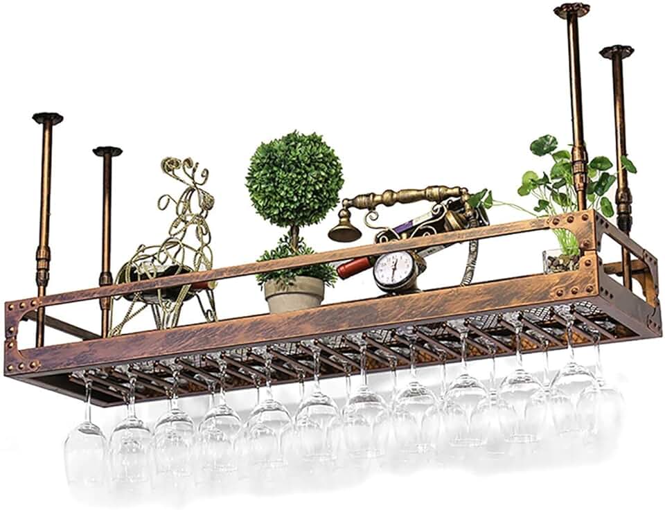 FOVKP Wine Display Rack,Hanging Wine Rack Glass Cup Shelf Wine Glass Holder,Goblet Champagne Glass Rack,Glassware Rack,Wrought Iron Wine Glass Rack,Bronze,120 35Cm