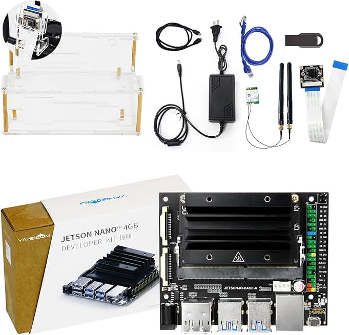 Yahboom Jetson Nano 4GB SUB Power Adapter Acrylic Case M.2 Wireless Network Card CSI Camera for AI Electronic Projects, 16GB EMMC for Mechanical Engineers (WiFi Advanced Kit)