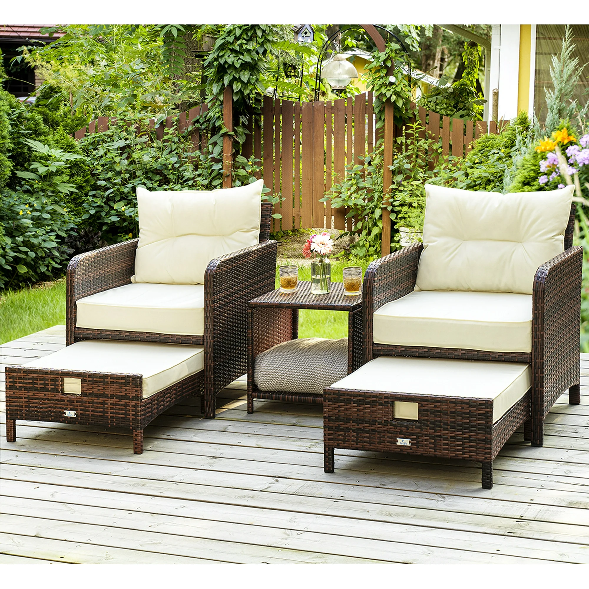 PAMAPIC 5 Pieces Wicker Patio Furniture Set Outdoor Patio Chairs with Ottomans (Beige)