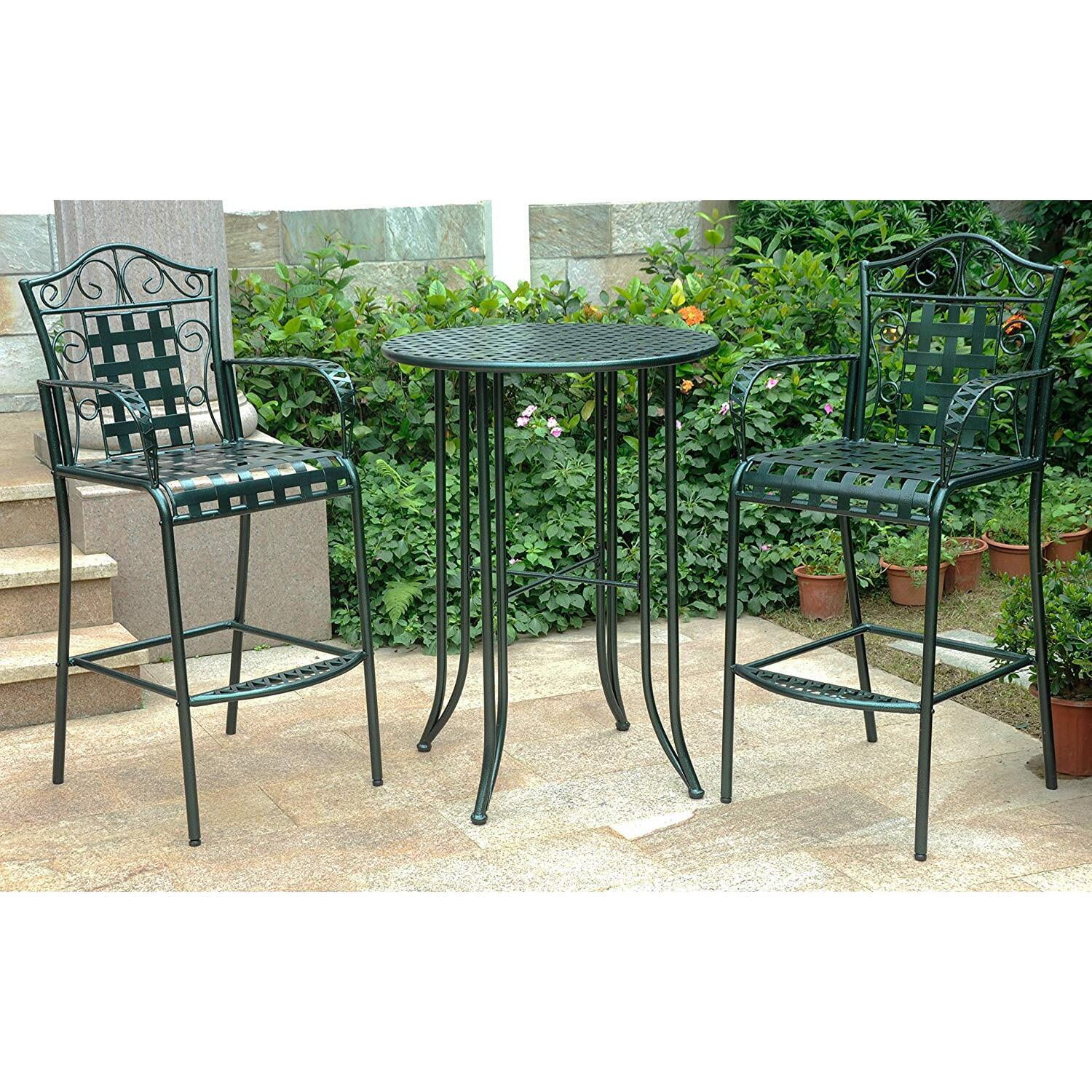 International Caravan Mandalay Iron 3-Piece Bar Height Outdoor Bistro Set, Verdi Gris