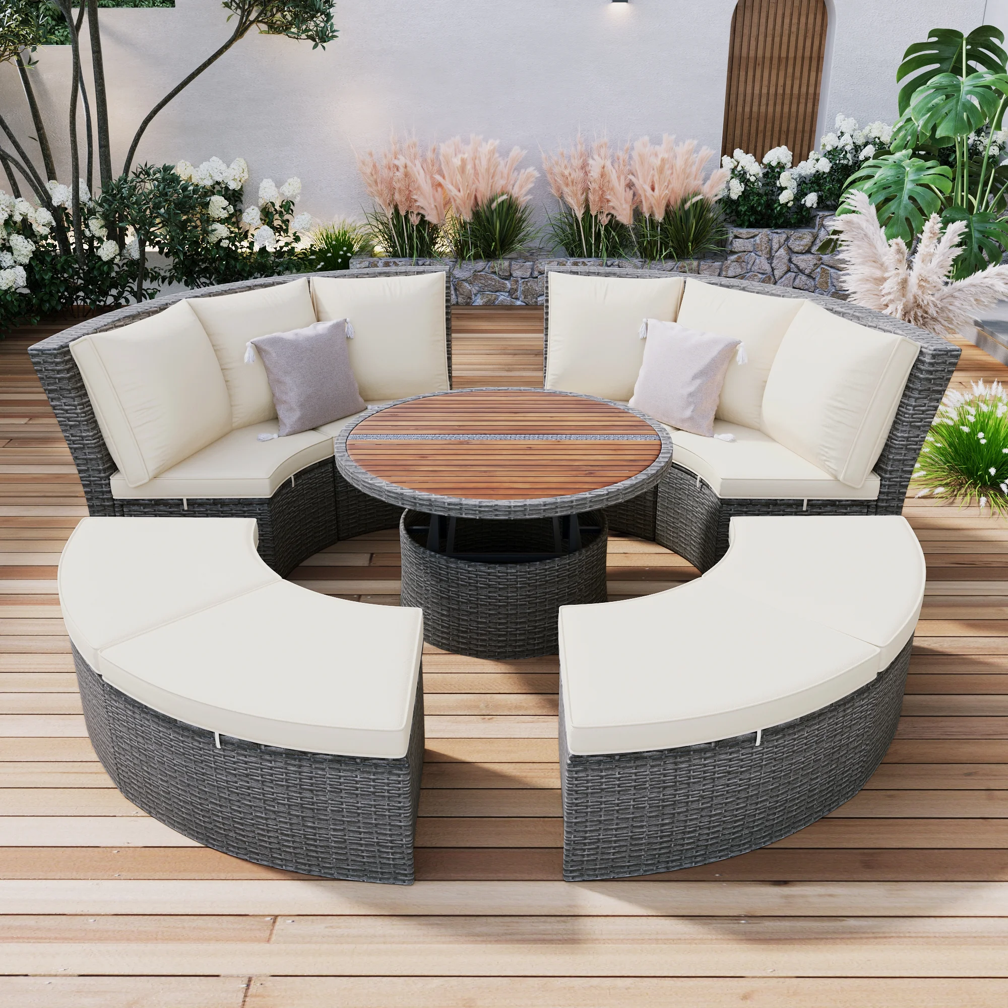 Patio Round Rattan Sectional Sofa Set 5 Pieces All-Weather PE Wicker Sunbed Daybed with Round Liftable Table and Washable Cushions for Outdoor Backyard Poolside, Beige