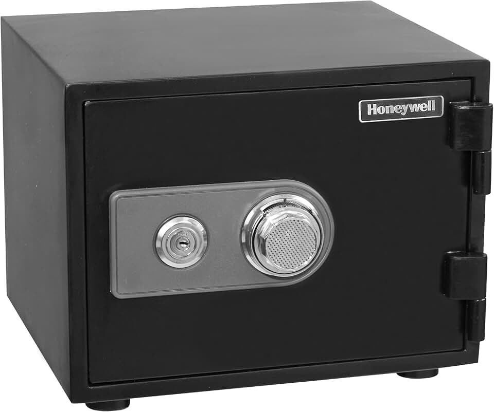 Honeywell Safes & Door Locks - Safe Box with Dual Dial and Key Lock - Waterproof & Fireproof Safe for Home with Spy-Proof Combination Dial - Steel Safety Box for Cash Safe - 0.50-CU - Black - 2101