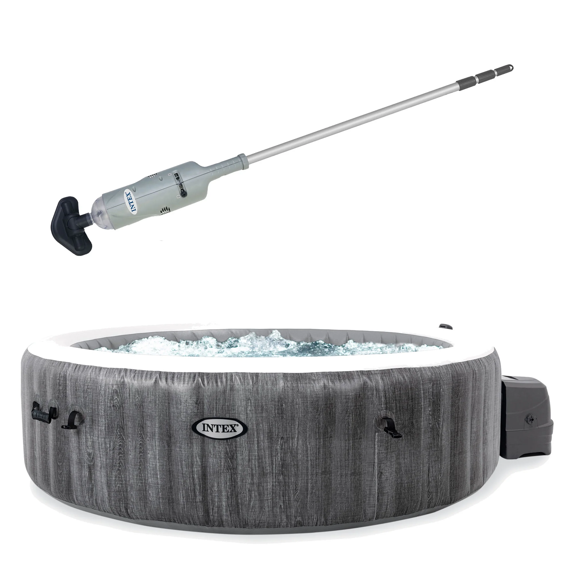 Intex Pool Vacuum with PureSpa Plus 6 Person Inflatable Hot Tub, Greywood