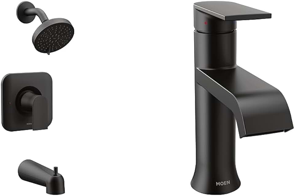 Moen Genta LX Matte Black High-Pressure Eco Tub+Shower Trim: Showerhead, Handle, and Tub Spout, (Valve Required) T2473EPBL + One-Handle Single Hole Bath Faucet with Deck Plate for 3-hole Sinks, 6702BL
