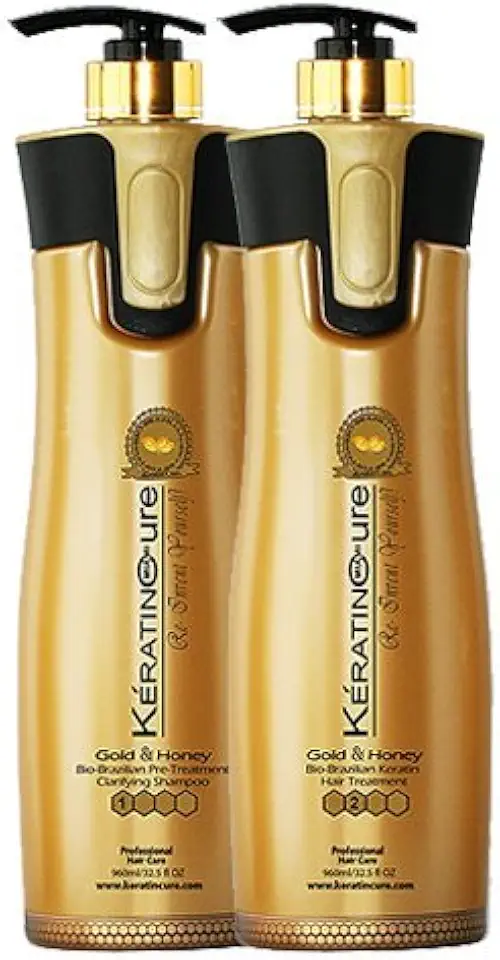 Keratin Cure Best Treatment Gold and Honey Bio Protein 2 Piece Kit 32oz Silky Soft Complex with Argan Oil Nourishing Straightening Damaged Dry Frizzy w/ Pre-Treatment Shampoo
