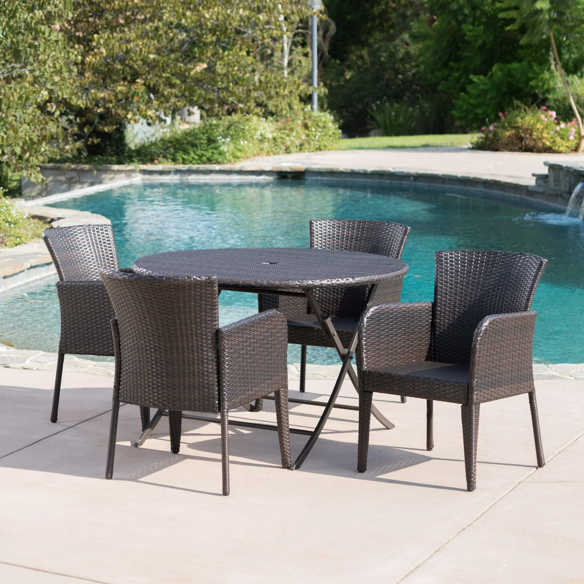 Outdoor 5 Piece Wicker Dining Set with Foldable Table,Multibrown