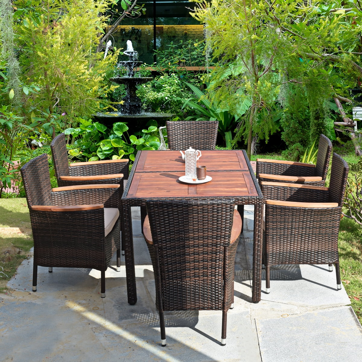 Patiojoy 7 PCS Outdoor Dining Set Wicker Rattan Patio Furniture Table Chair