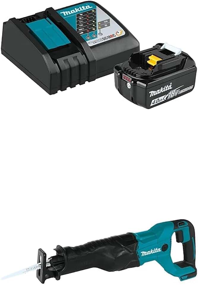 Makita BL1840BDC1 18V LXT® Lithium-Ion Battery and Charger Starter Pack (4.0Ah) with Makita XRJ04Z 18V LXT Lithium-Ion Cordless Recipro Saw, Tool Only, Blue