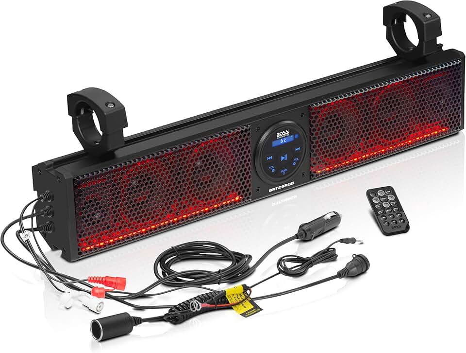 BOSS Audio Systems BRT26RGB ATV UTV Sound Bar - 26 Inches Wide, 4 inch Speakers, 1 Inch Tweeters, IPX5 Weatherproof, Bluetooth, Built-in Amplifier, Multicolor Illumination, Golf Cart Compatible