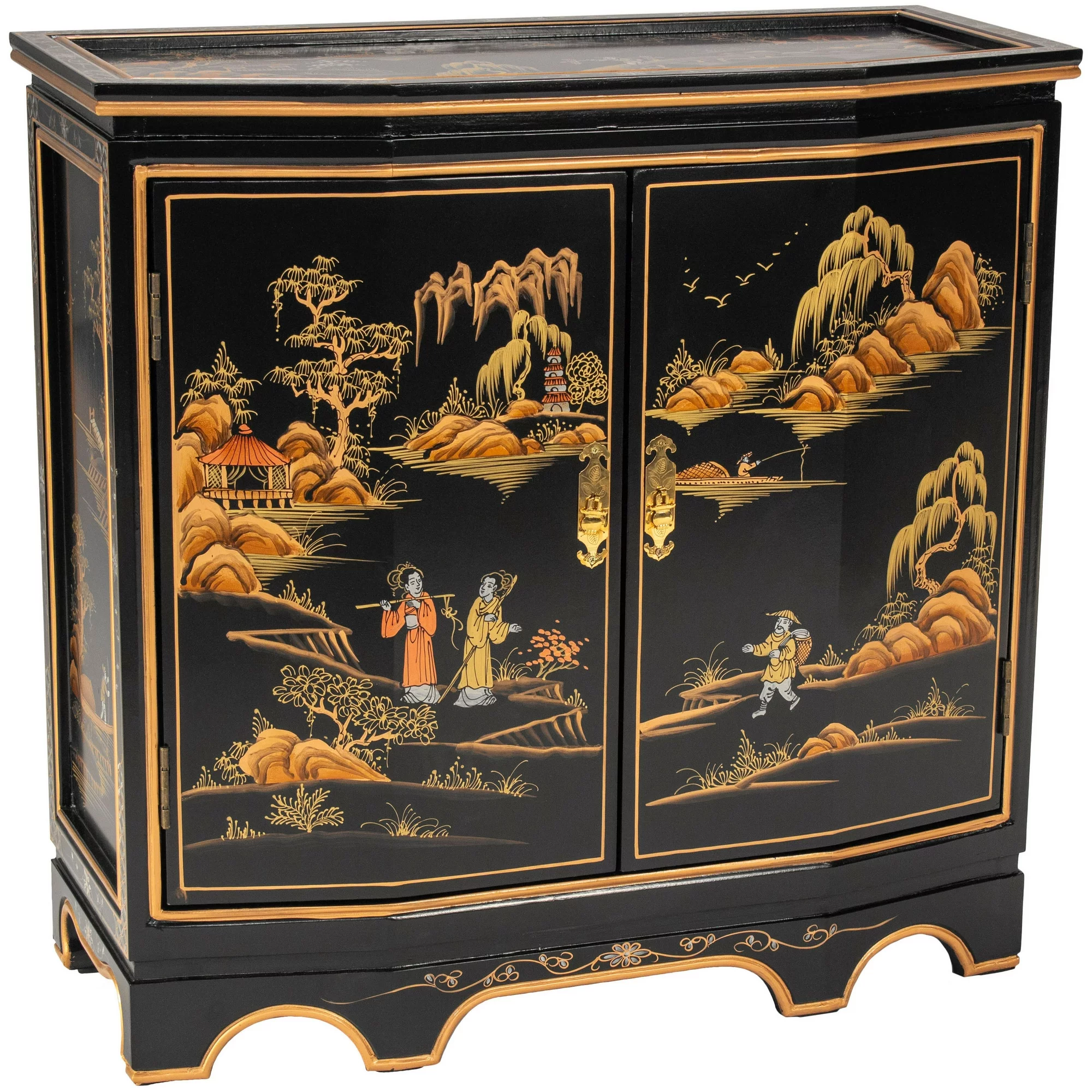 Oriental Furniture Black Lacquer Slant Sideboard - Landscape
