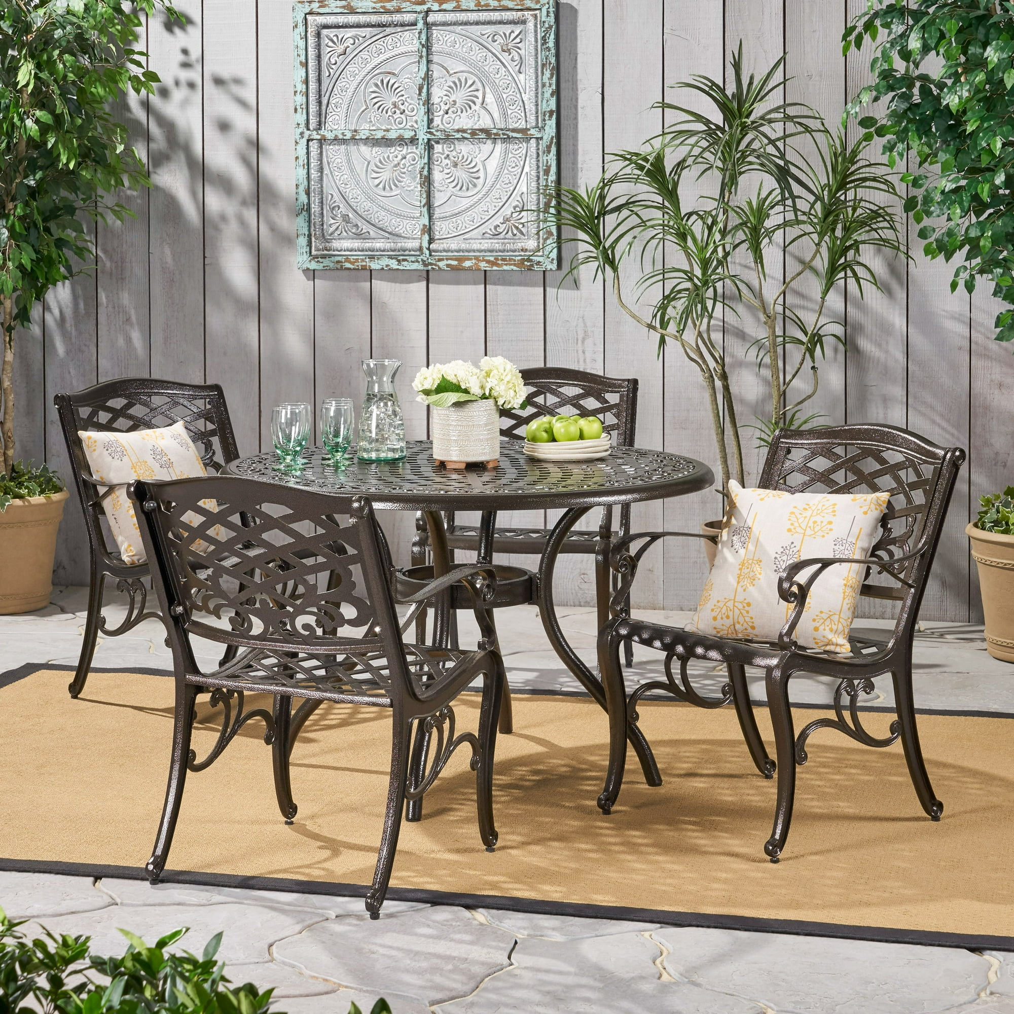 Outdoor 5 Piece Cast Aluminum Outdoor Dining Set, Bronze