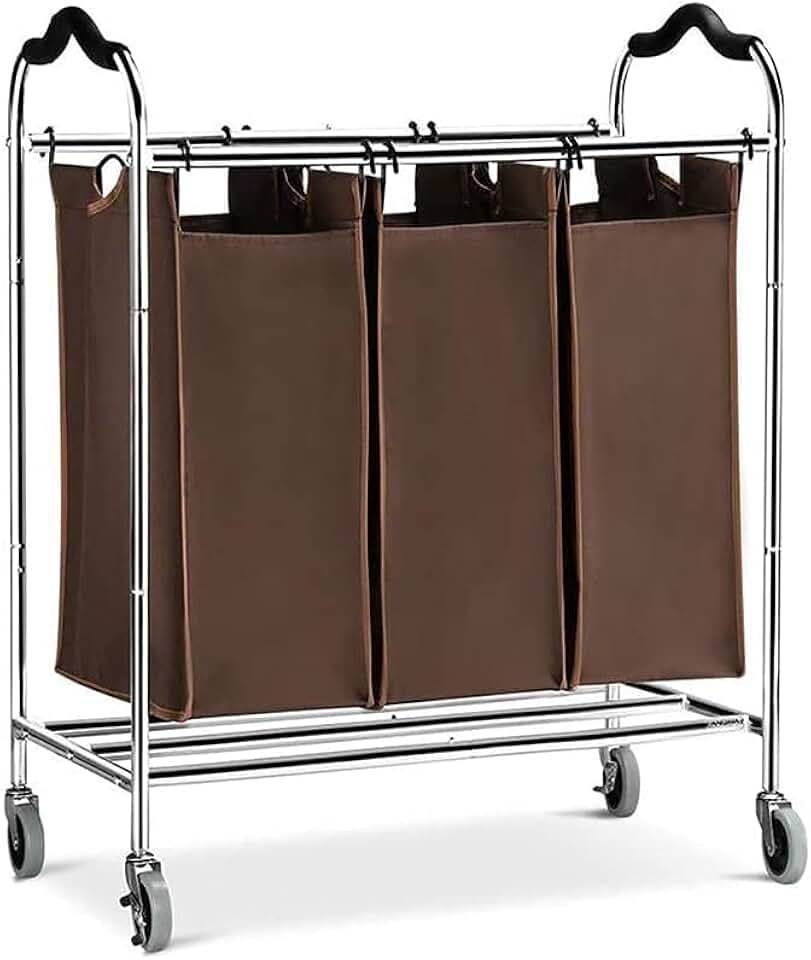 Large Movable Trolleys, Kitchen Storage Hand Trucks, 3-Section Heavy Duty Sorter,Rolling Laundry Trolley with Movable Bags, Brown