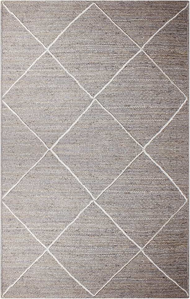 Indian Artisans Hand Braided Rug Area Rug Kilim Rug 7 Square Rug Natural Jute Rug Geometric Pattern Grey White Hand Woven Rug Flatweave Rug Indoor Outdoor Rugs for Dining Room Custom Mat Hall Room