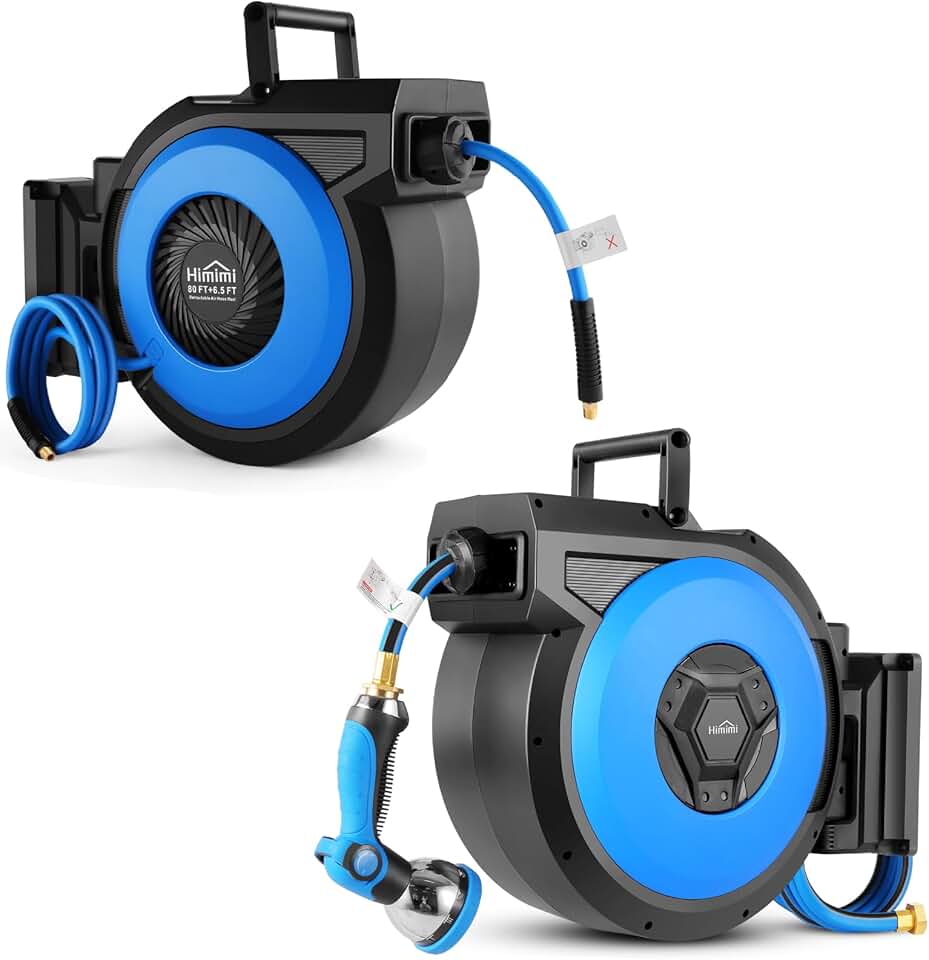 80 FT Retractable Air Compressor Hose Reel and 82 FT Retractable Water Hose Reel