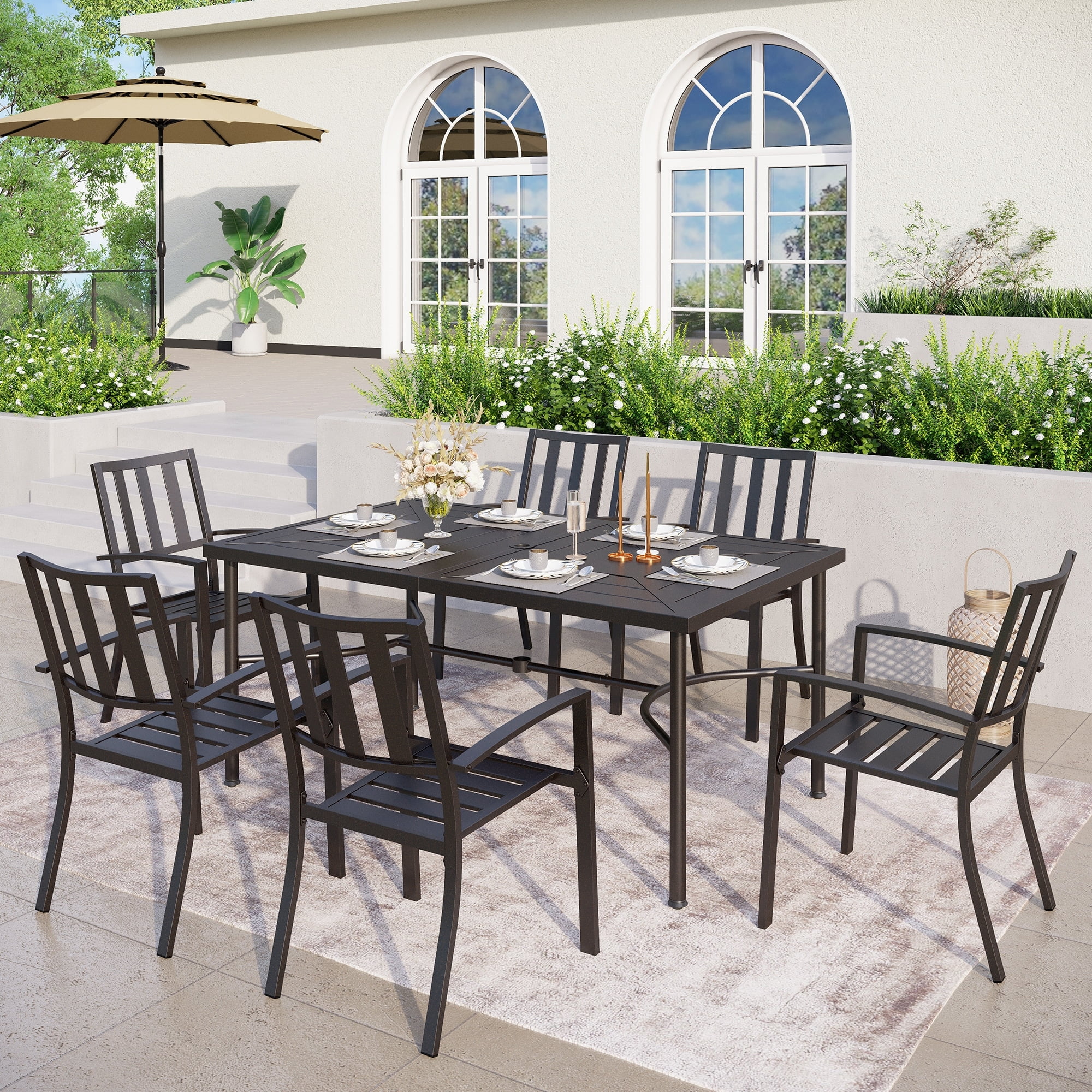 Outdoor Patio Dining Set, 6/8 Metal Stackable Chairs and 1 Rectangular Expandable Table Non-expandable with umbrella hole 6