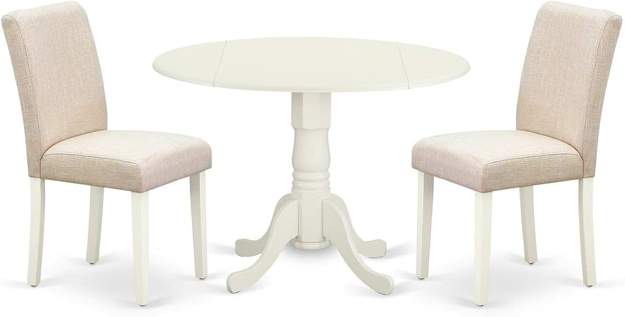 East West Furniture DLAB3-LWH-02 3 Piece Modern Dining Table Set Contains a Round Wooden Table with Dropleaf and 2 Light Beige Linen Fabric Upholstered Chairs, 42x42 Inch, Linen White