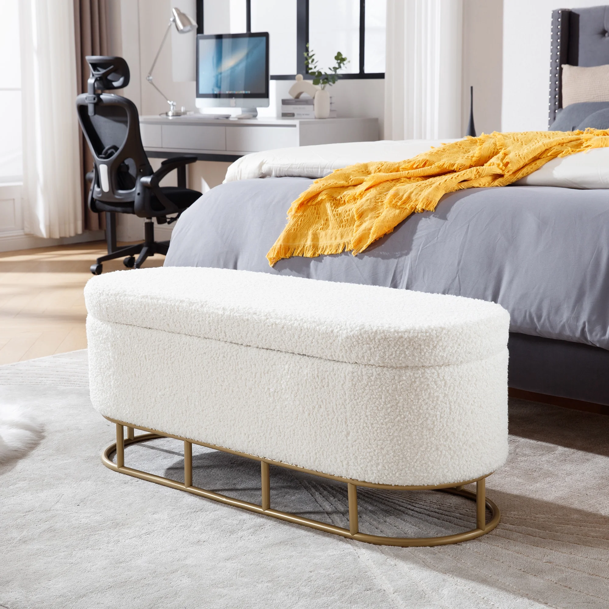 Oval Storage Bench for Living Room Bedroom End of Bed,Sherpa Fabric Plush Upholstered Storage Ottoman Entryway Bench With Metal Legs,Cream