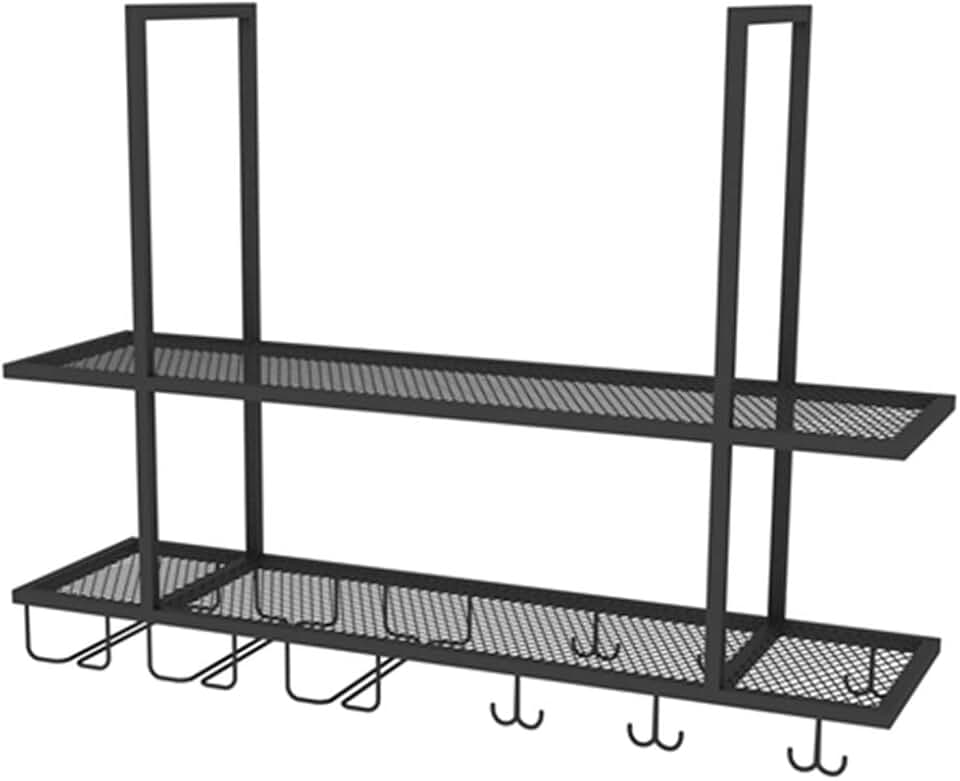 Industrial 2-Tier Wine Bottle Holder Upside Down Hanging Floating Shelves with Multifunctional Hooks Holds Any Type of Stemware Glassware Wine Glasses and Flutes Sand