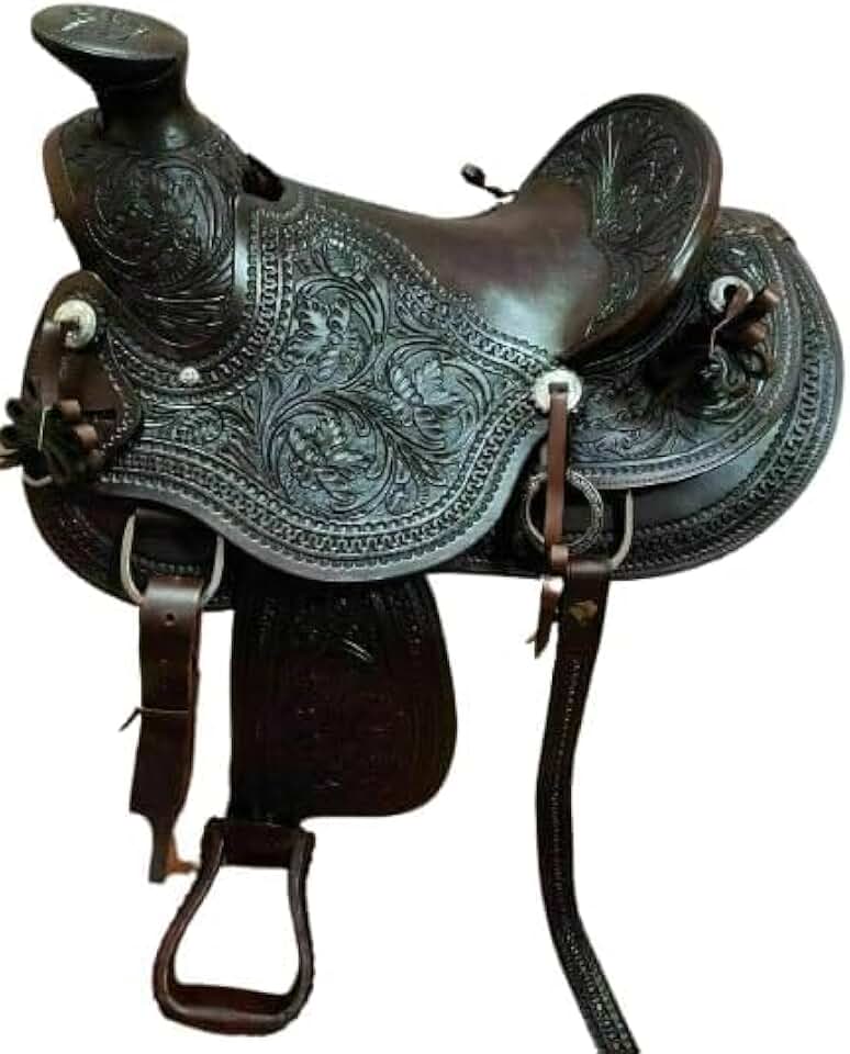 Saddle Handcrafted Brown Tooling Leather Western Barrel Racing Horse Tack Horse Leather Saddle by ADEEFA Enterprises.