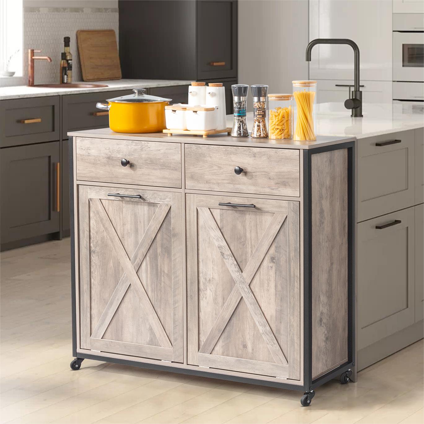 IVV Double Tilt Out Trash Cabinet, Wooden Free Standing Trash Cabinet, Recycling Cabinet with 2 Drawers, Large Tilt Out Trash Cabinet Kitchen (Gray)