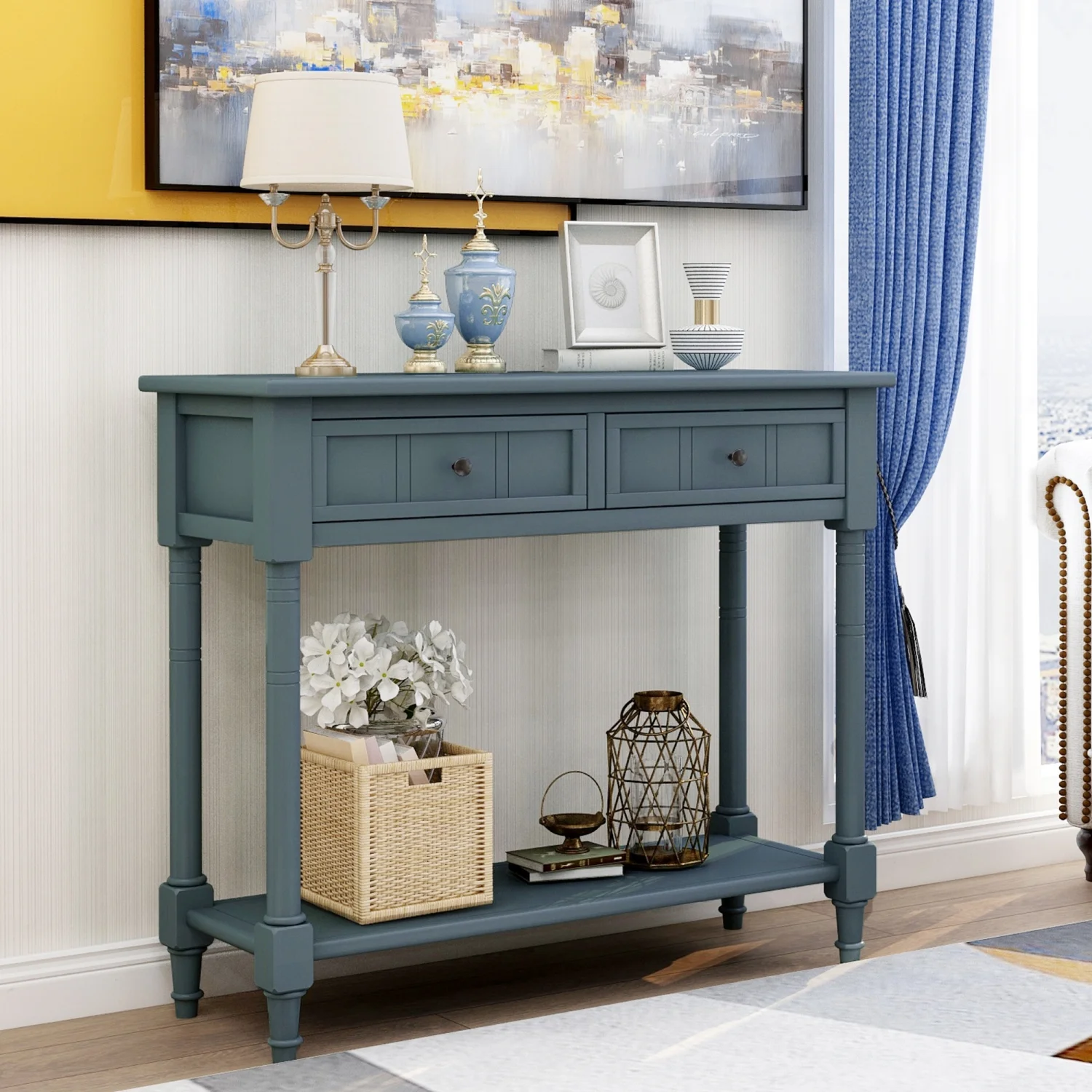 JDZDESIGN TREXM Daisy Series Console Table Traditional Design with Two Drawers and Bottom  (Navy)