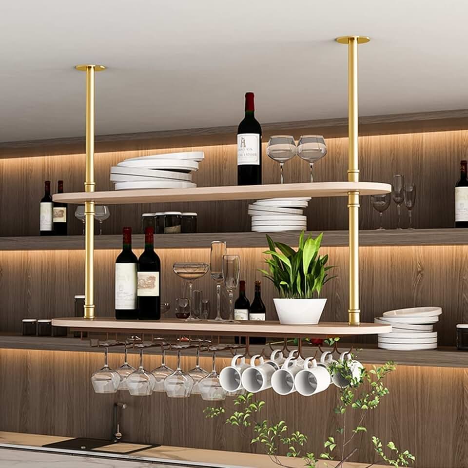 Hanging Wine Glass Rack-Wine Rack Hanging Shelves Hanging Ceiling Wine Rack Wine Glass Holder Loft Pipe Style Wine Glass Holder Plant Stand Easy to Install Floating Shelves Can Bea