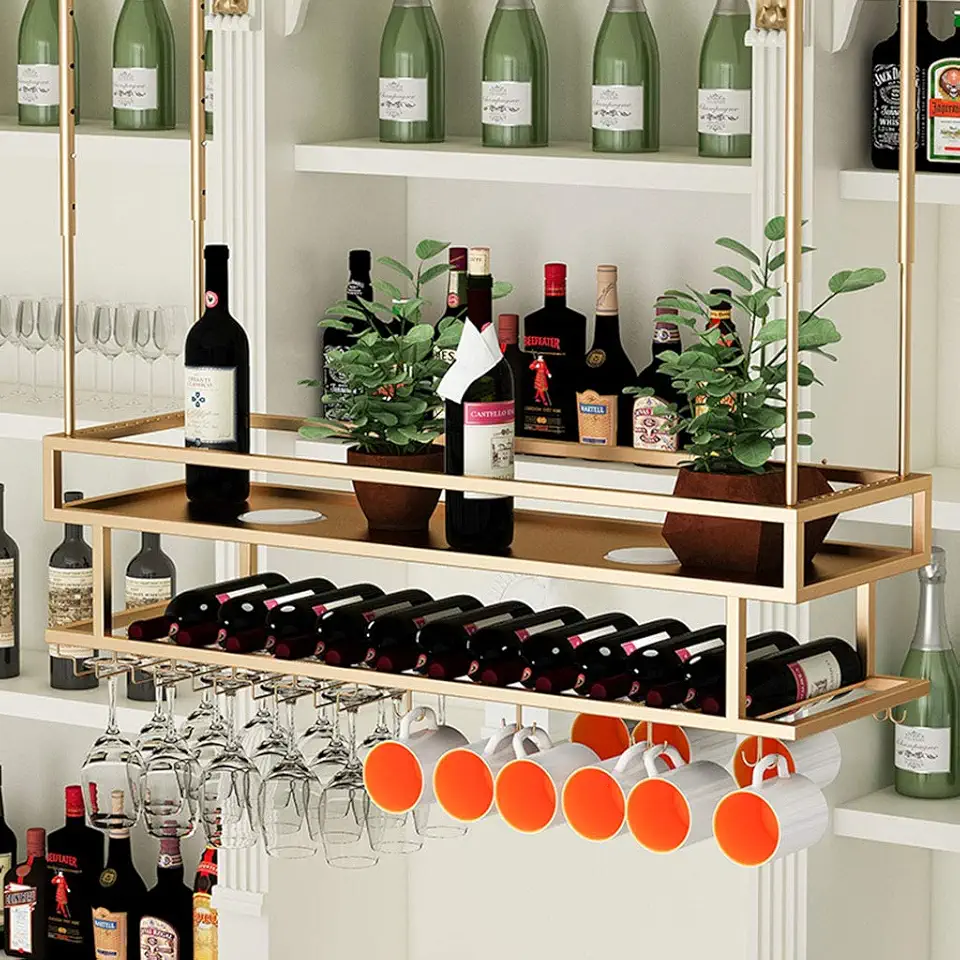 Industrial 2-Tier Upside Down Hanging Bottle Organizer and Stemware Storage Wine Enthusiast Adjustable Boom Height Holds Any Type of Stemware Glassware Wine Glasses and Flutes Bottle Rack