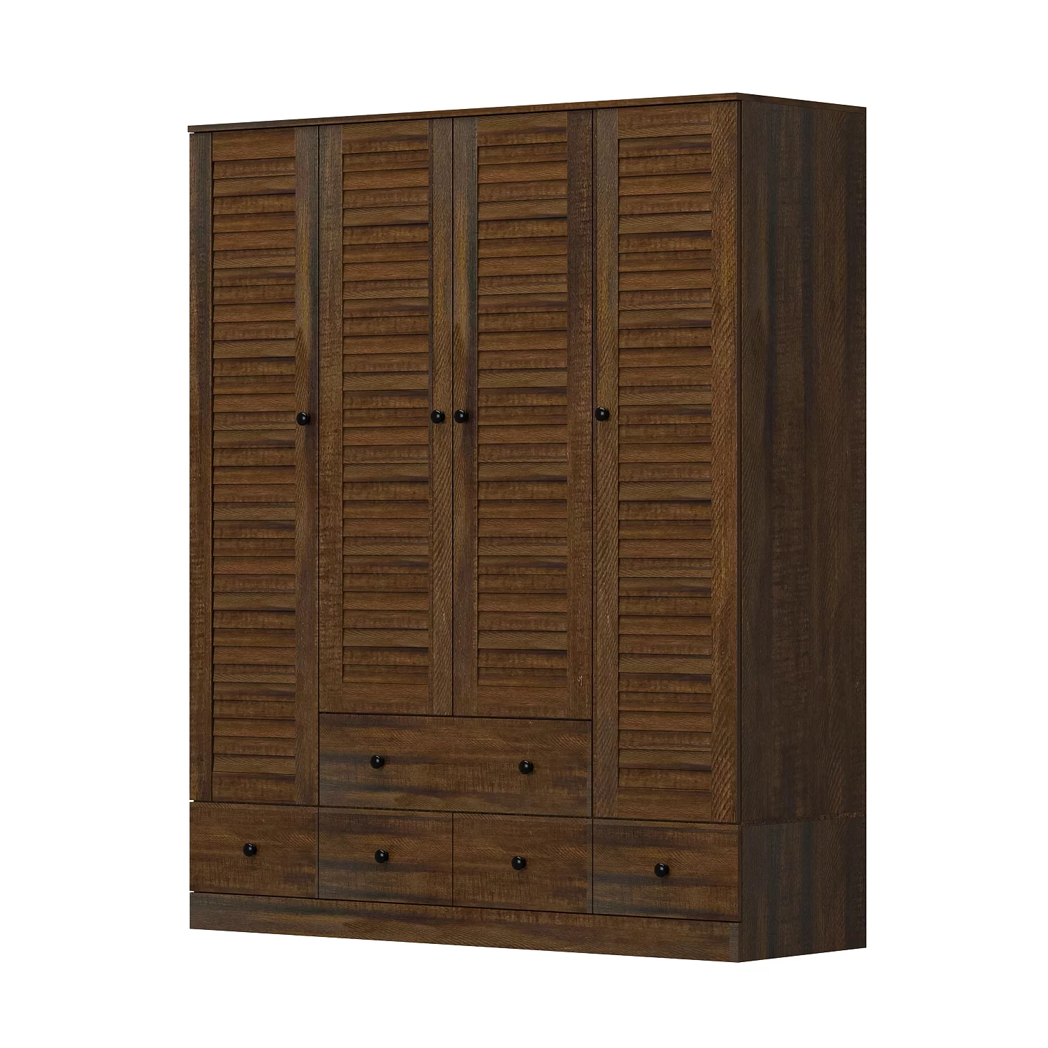 OXYLIFE Wardrobe Armorie with Shutter Door, Closet Storage Cabinet and 5 Drawers and Hanging Rod for Bedroom, Walnut
